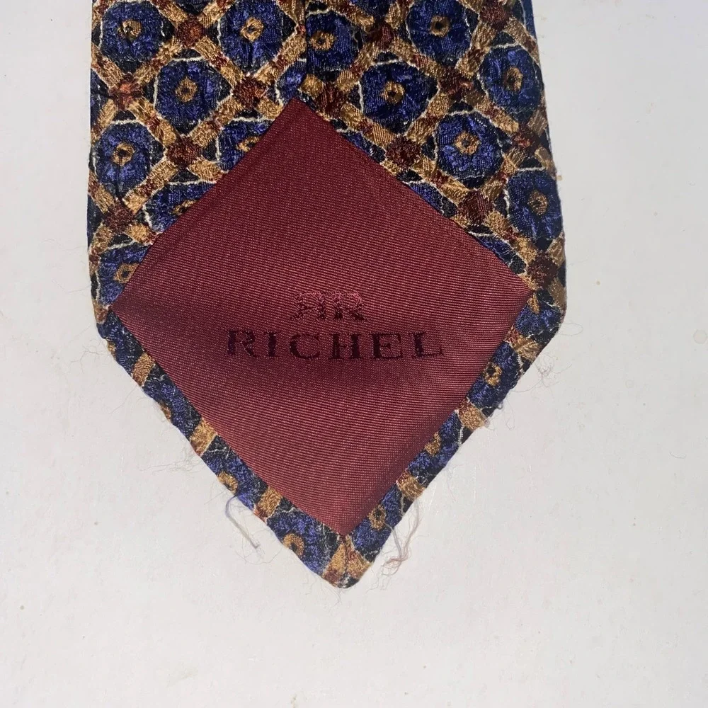 RICHEL Hand Made in Spain Men's Necktie Blue‎ Brown Geometric Pattern